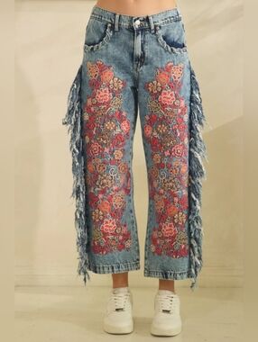 #1215 Oli & Hali Embroidered Rose Fringe Denim